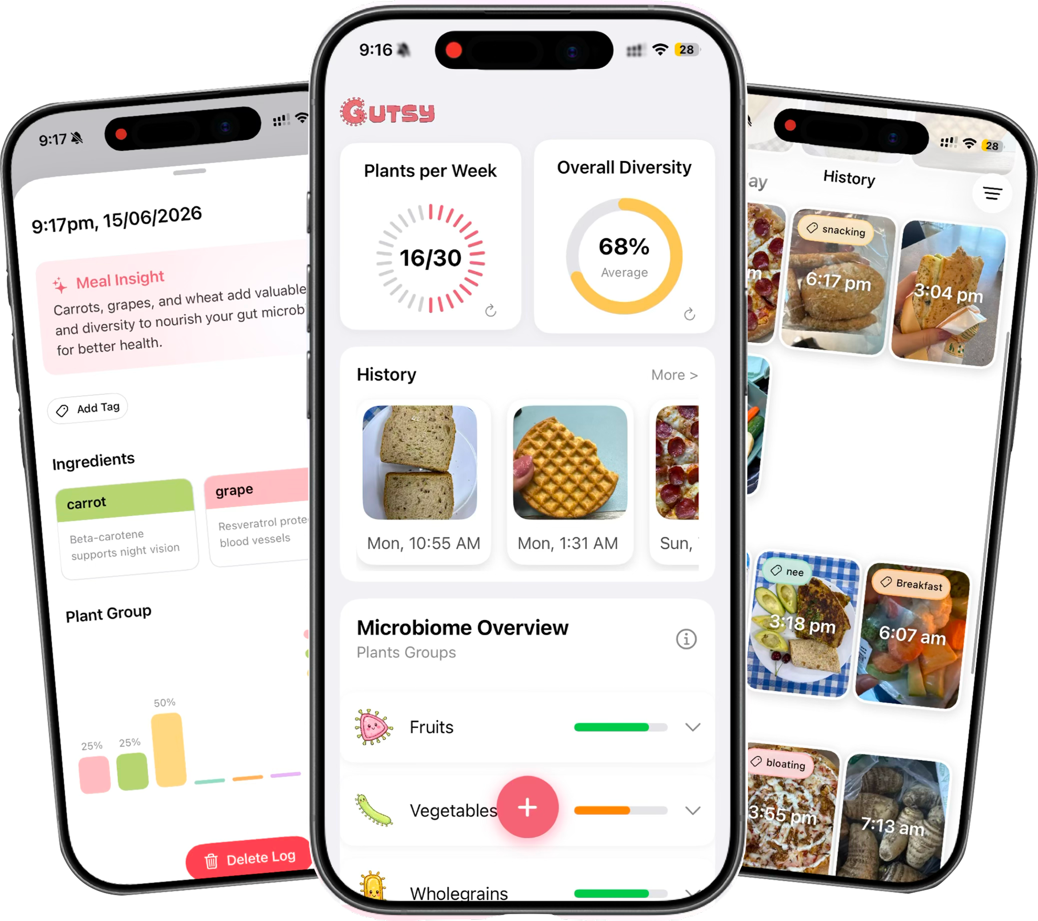 Gutsy app screenshots showing plant tracking, meal history, and diversity score