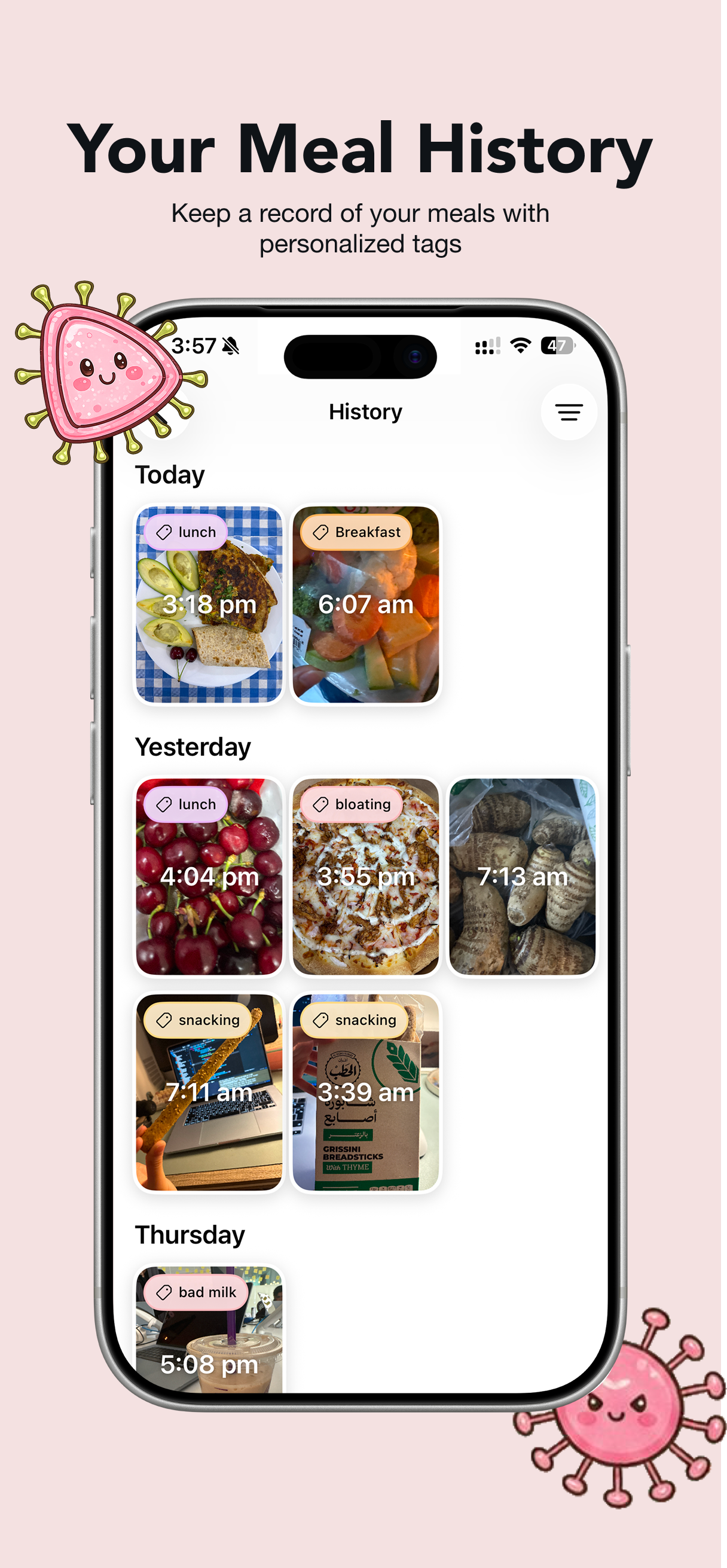 Gutsy meal history showing photos organized by day with personalized tags